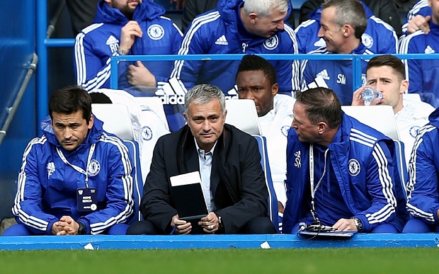 Chelsea's Portuguese manager Jose Mourinho (Front Row 2nd L) is pictured during the English Premier League football match between Chelsea and Aston Villa at Stamford Bridge in London, on October 17, 2015. AFP PHOTO / JUSTIN TALLIS RESTRICTED TO EDITORIAL USE. No use with unauthorized audio, video, data, fixture lists, club/league logos or 'live' services. Online in-match use limited to 75 images, no video emulation. No use in betting, games or single club/league/player publications.JUSTIN TALLIS/AFP/Getty Images