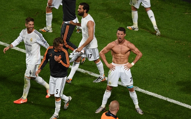Real Madrid's Portuguese forward Cristia...Real Madrid's Portuguese forward Cristiano Ronaldo celebrates after scoring during the UEFA Champions League Final Real Madrid vs Atletico de Madrid at Luz stadium in Lisbon, on May 24, 2014. Real Madrid won 4-1. AFP PHOTO/ FRANCISCO LEONGFRANCISCO LEONG/AFP/Getty Images